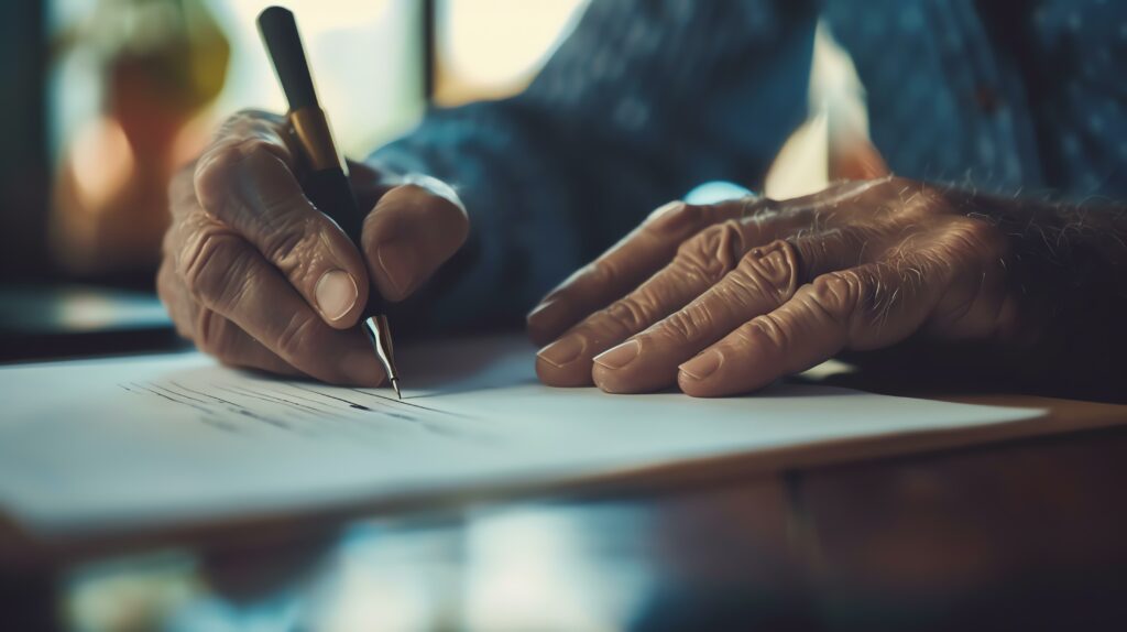 Person signing a document. 