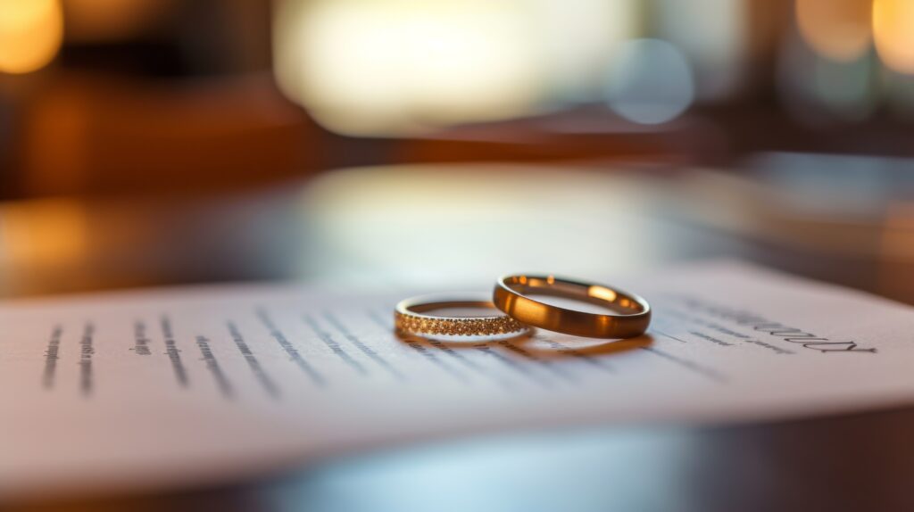 Prenuptial agreement on table with wedding rings. 