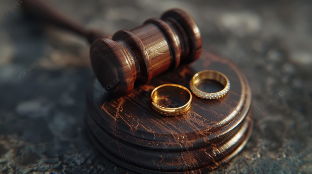 Two gold rings on a dark textured surface represent divorce proceedings.