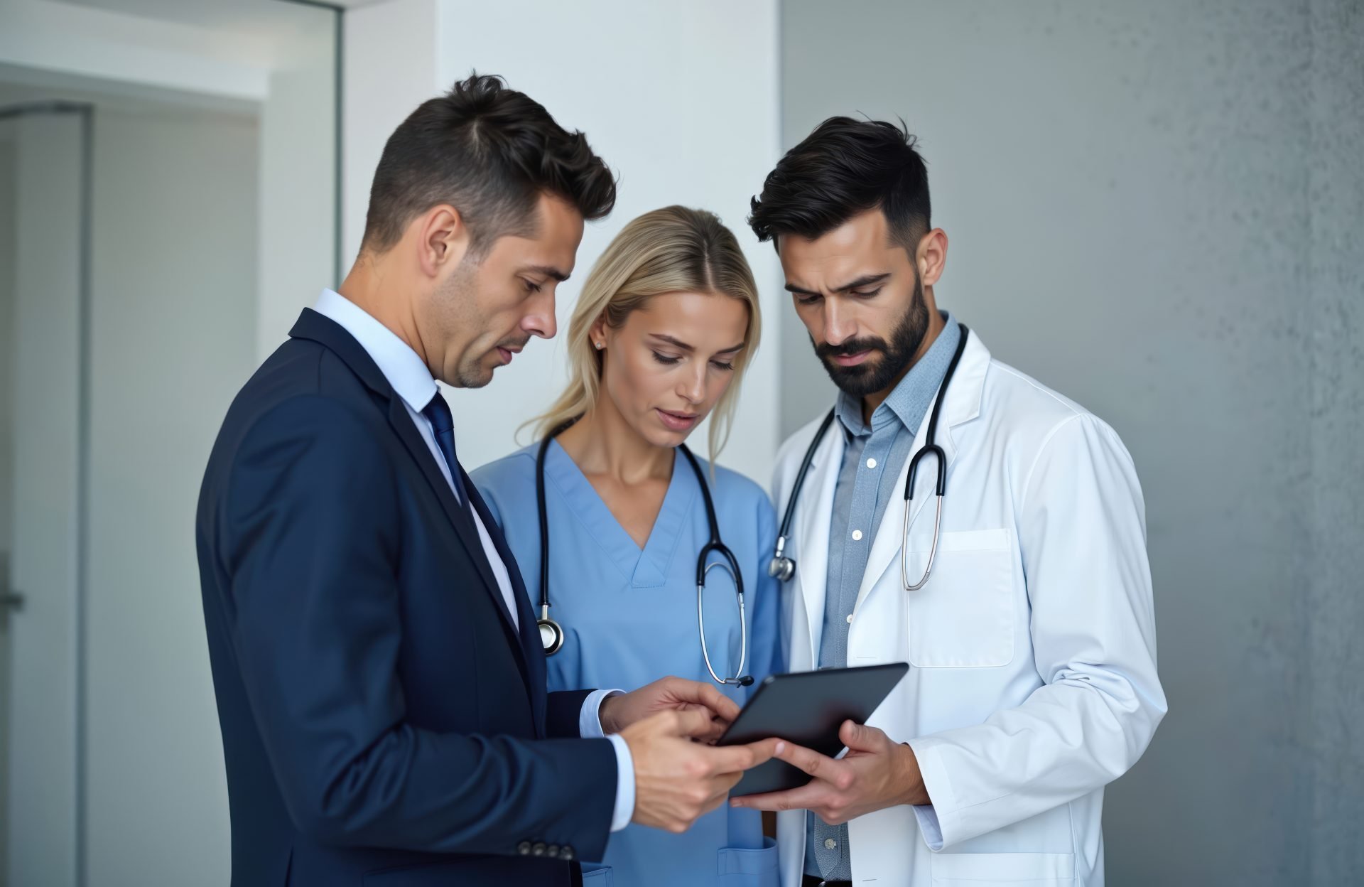 Pharmaceutical sales rep presents new product doctors in medical building. Healthcare staff in uniform, discuss, collaborate. Tablet tech enables communication, business talk, deals, health care